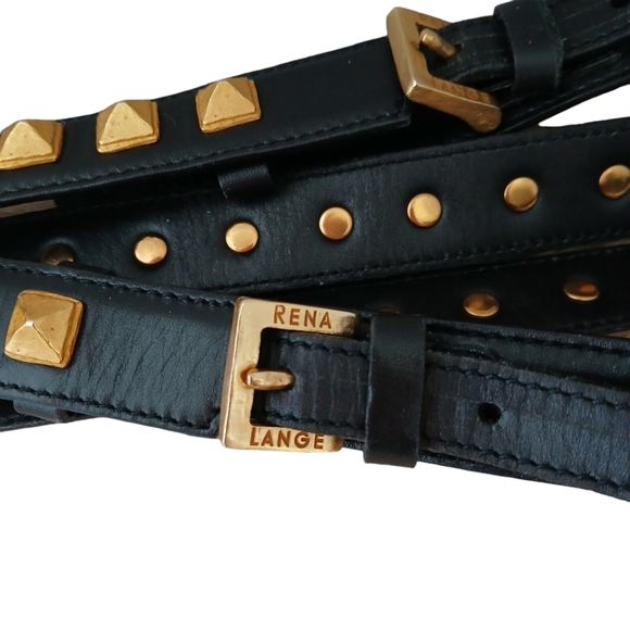 60\'s RARE Vintage Rena Lange Double Strap Belt Leather Bronze Tone Grommets  XS main image 4